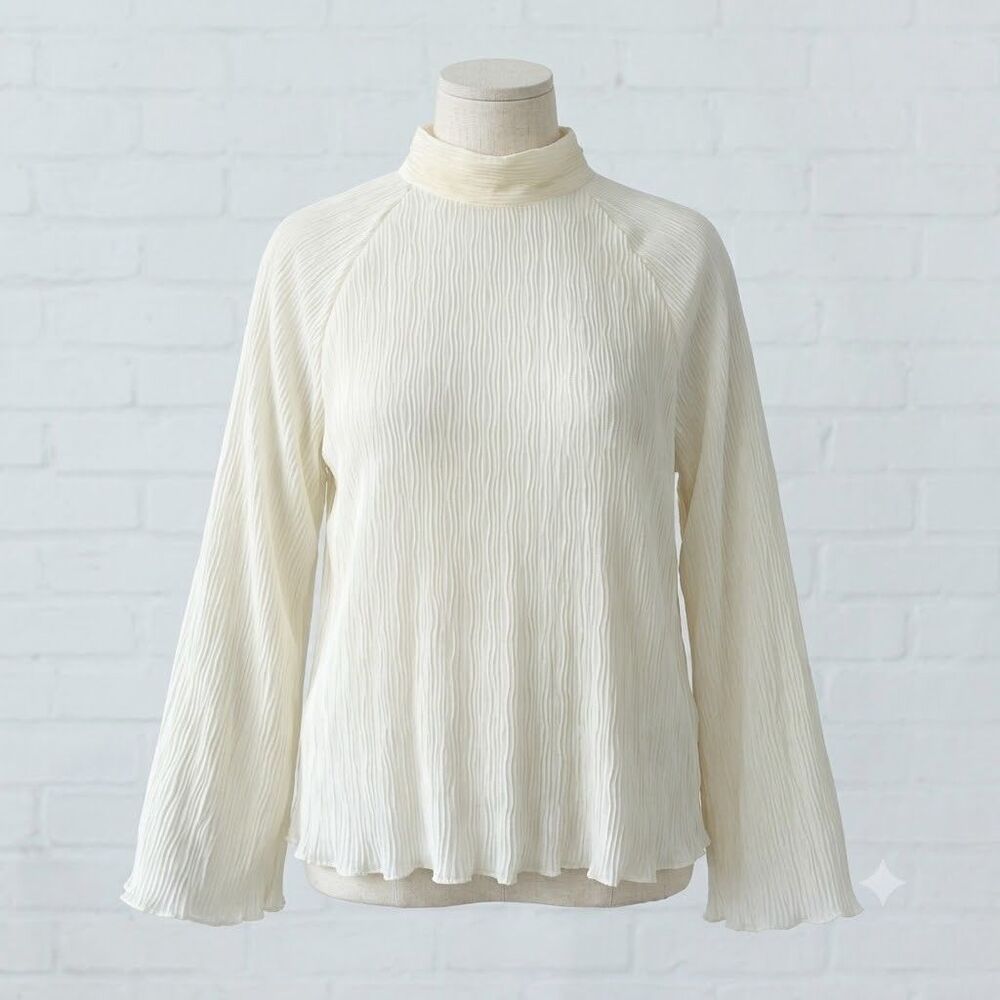 H&M Pleated Chiffon Blouse Womens XL Ivory Flare Long Sleeve Sheer High Neck NEW
